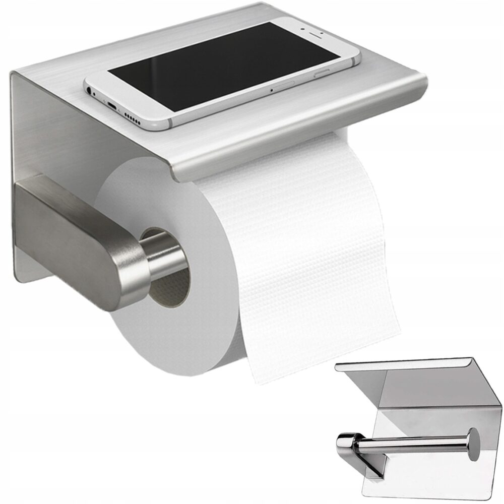 Uchwyt Stalowy na Papier Toaletowy Srebrny z Półką