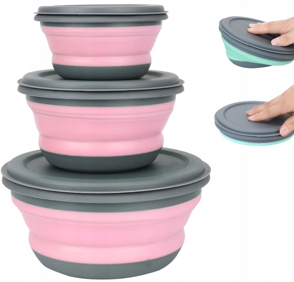 Zestaw 3 Misek Miski Silikonowe Składane Turystyczne z Pokrywkami