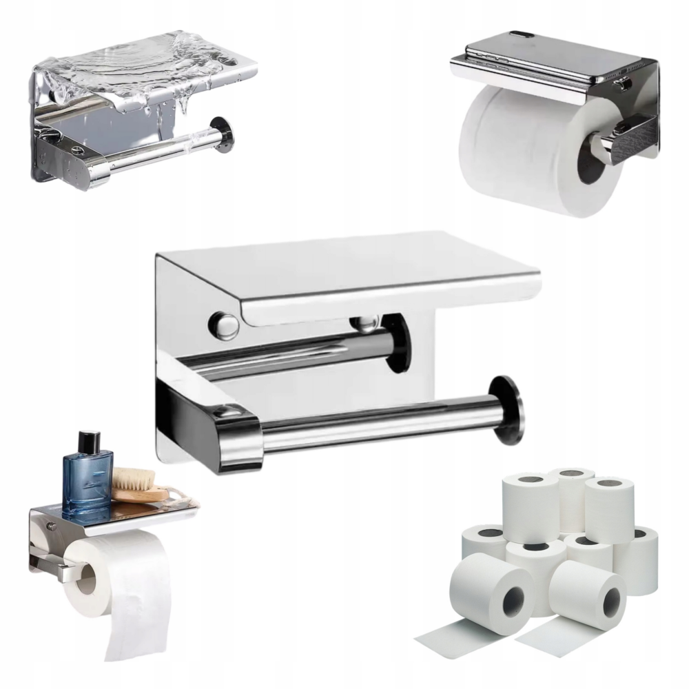 METALOWY UCHWYT NA PAPIER TOALETOWY Z PÓŁKĄ SAMOPRZYLEPNY CHROM